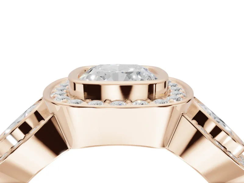 Cushion Cut Three Stone Halo Engagement Ring Setting | Bezel Set | Rose Gold