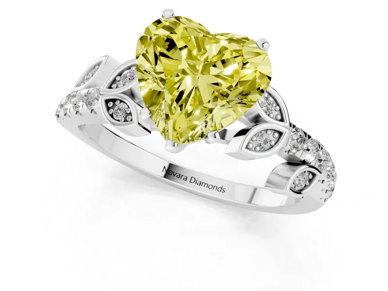 Fancy Yellow Heart Cut Diamond Solitaire Leaf-Inspired Ring Set in Silver with Pavé Band and Prong Setting