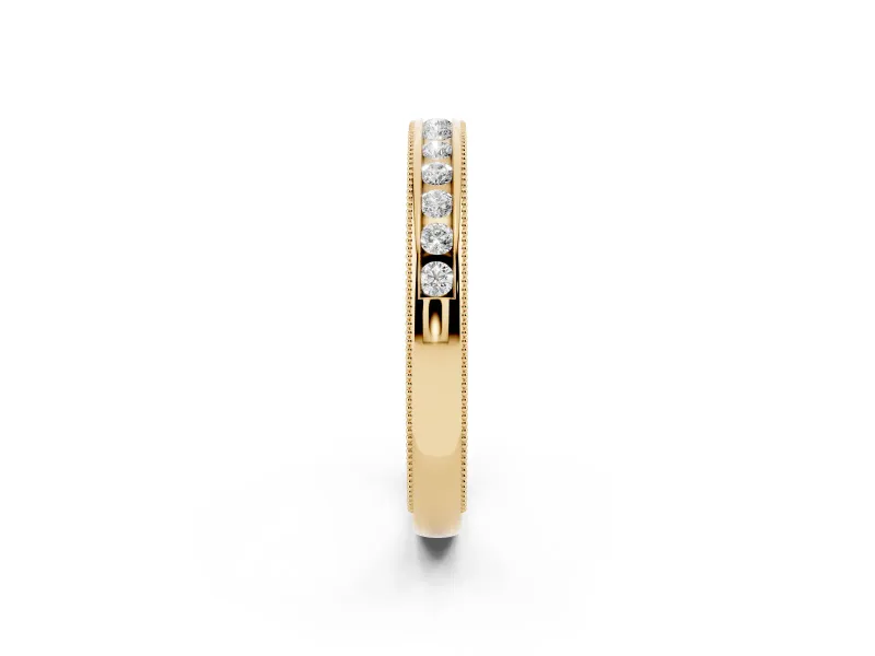 Round Lab-Grown Diamond Vintage Channel Set Wedding Band | Carved Leaf Sides | Yellow Gold