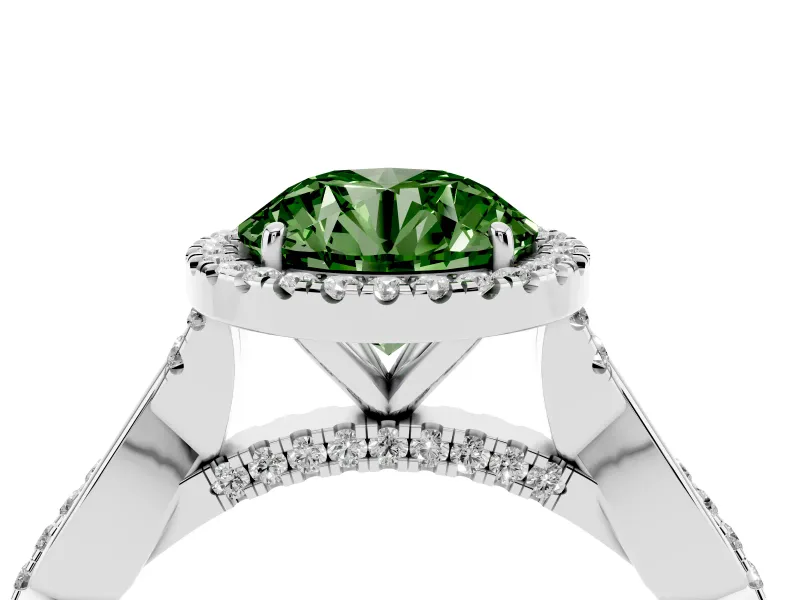Round Halo Engagement Ring Setting for a Fancy Green Lab-Grown Diamond | Pavé Twist Band | Platinum