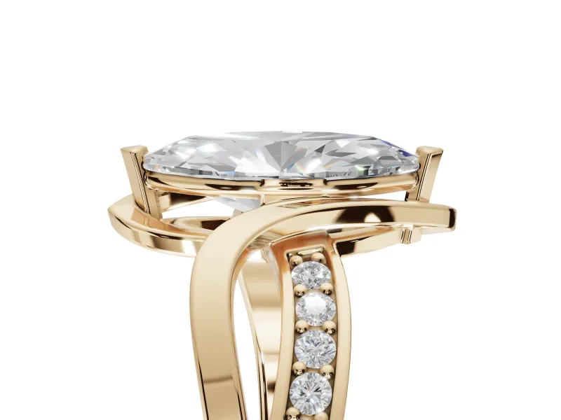 Marquise Bypass Solitaire Engagement Ring Setting | Pavé and Plain Strands | Yellow Gold