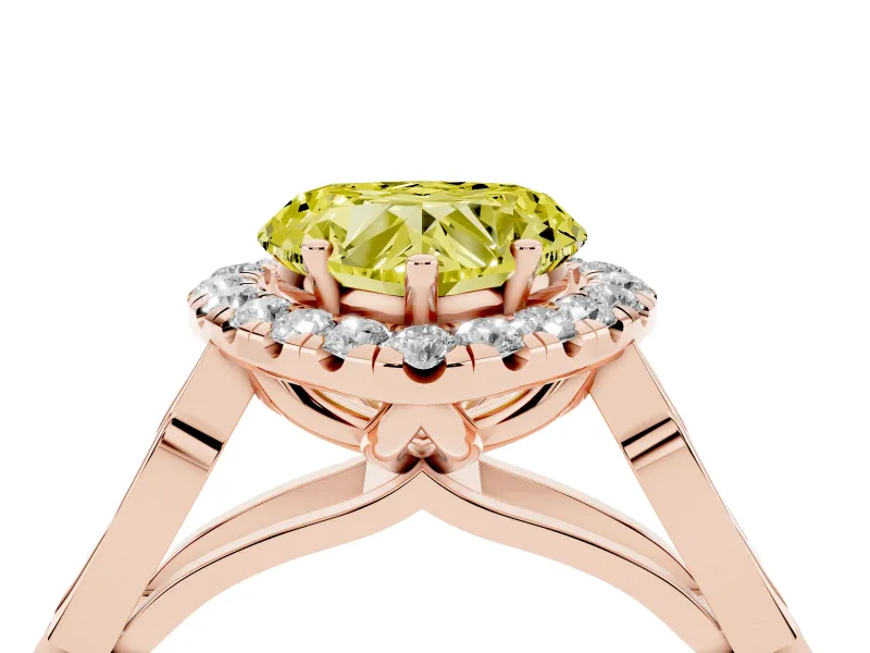 Fancy Yellow Heart Cut Diamond Halo Engagement Ring Set in Rose gold with Filigree Band and Prong-Set Center