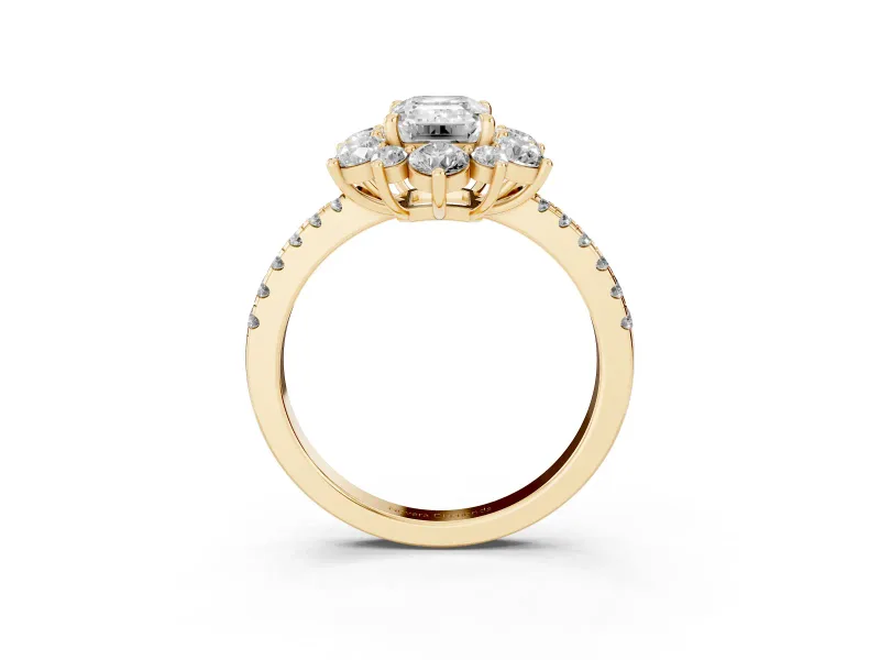 Emerald Cut Star Floral Halo Engagement Ring Setting | Graduated Pavé Band | Yellow Gold