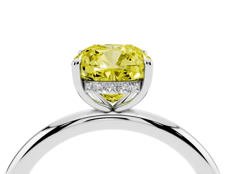 Fancy Yellow Cushion Cut Diamond Solitaire Ring Set in Platinum with Thin Band and Prong Setting