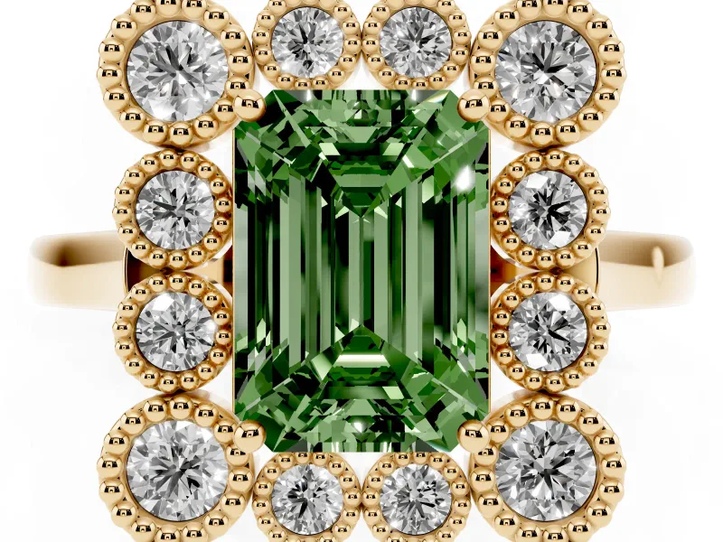 Emerald Cut Milgrain Cluster Halo Engagement Ring Setting for a Fancy Green Lab-Grown Diamond | Plain Band | Yellow Gold