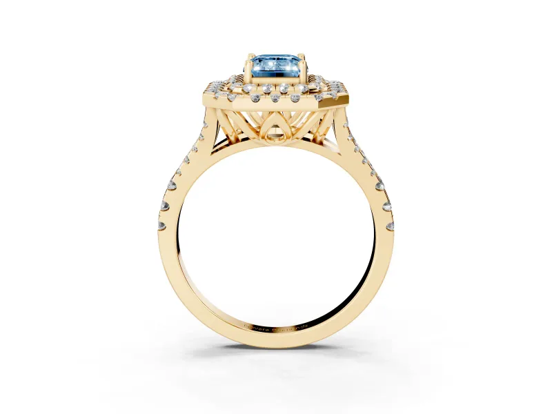 Emerald Cut Halo Split Shank Engagement Ring Setting for a Fancy Blue Lab-Grown Diamond | Pavé Strands | Yellow Gold