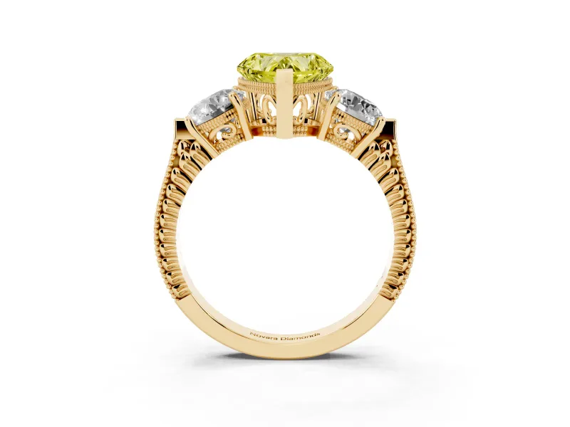 Heart-Shaped Vintage Three Stone Engagement Ring Setting for a Fancy Yellow Lab-Grown Diamond | Yellow Gold - Design NV-24868