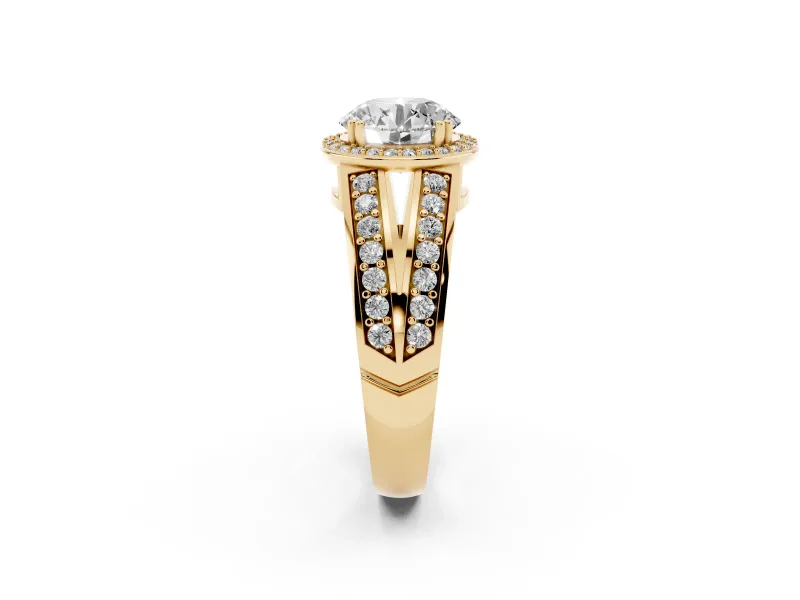 Round Halo Engagement Ring Setting | Two-Row Pave Split Shank | Yellow Gold