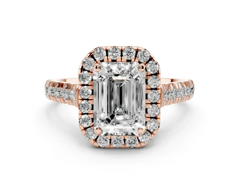 Emerald Cut Diamond Halo Engagement Ring Set in Rose gold with Pavé Band and Prong-Set Center