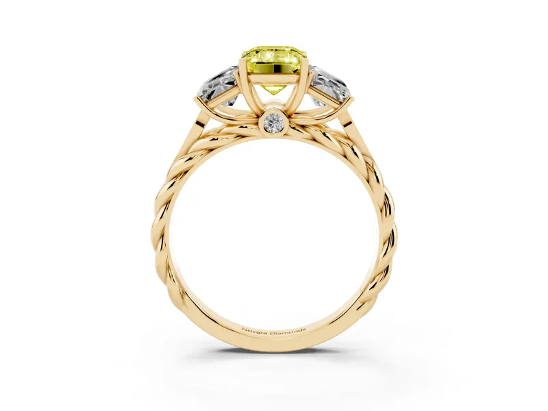 Fancy Yellow Emerald Cut Diamond Three-Stone Ring Set in Yellow gold with Braided Band