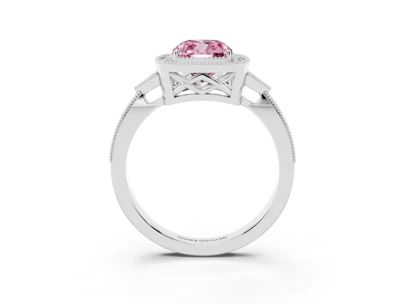 Fancy Pink Cushion Cut Diamond Halo Engagement Ring Set in White gold with Milgrain Pavé Band