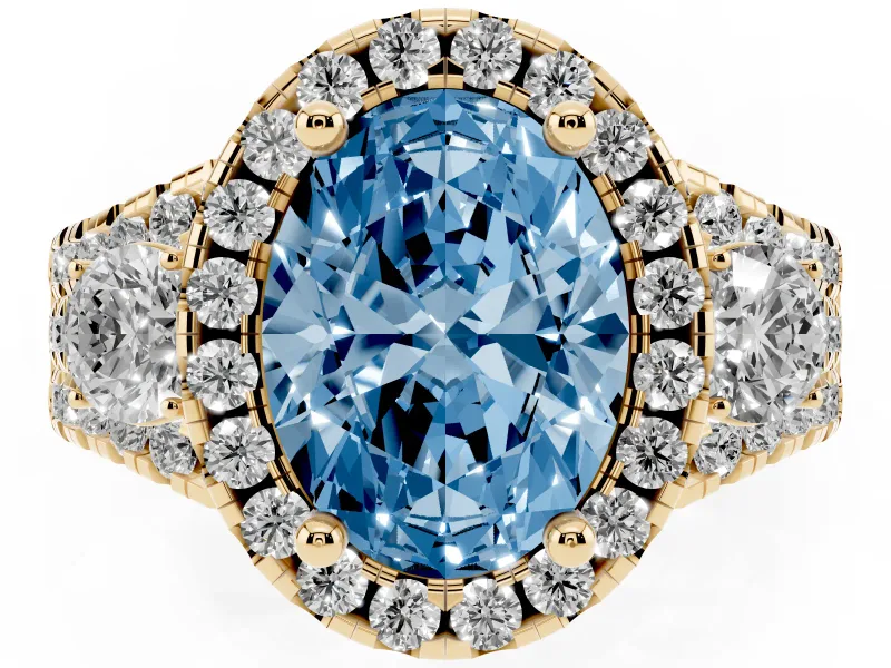 Oval Halo Split Shank Engagement Ring Setting for a Fancy Blue Lab-Grown Diamond | Round Side Stones | Yellow Gold