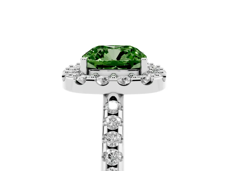 Cushion Cut Pave Halo Engagement Ring Setting for a Fancy Green Lab-Grown Diamond | Pave Band | White Gold