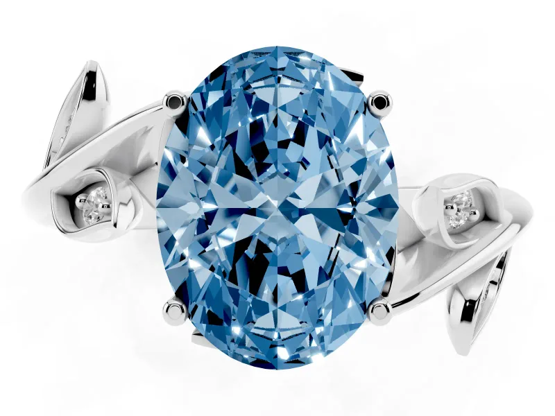 Fancy Blue Oval Cut Diamond Solitaire Twist Engagement Ring Set in Silver with Pavé Leaf Accents