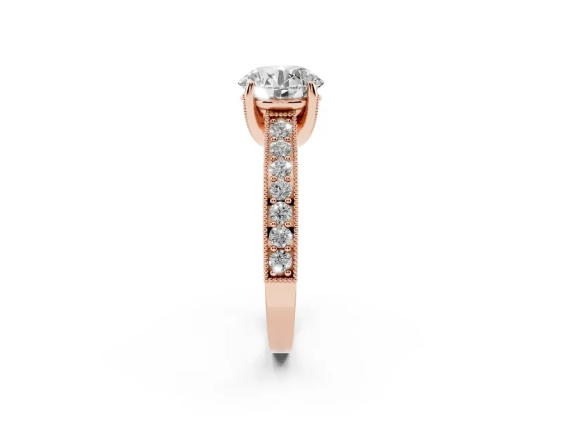 Round Vintage Hidden Halo Engagement Ring Setting | Milgrain Pave Band | Rose Gold