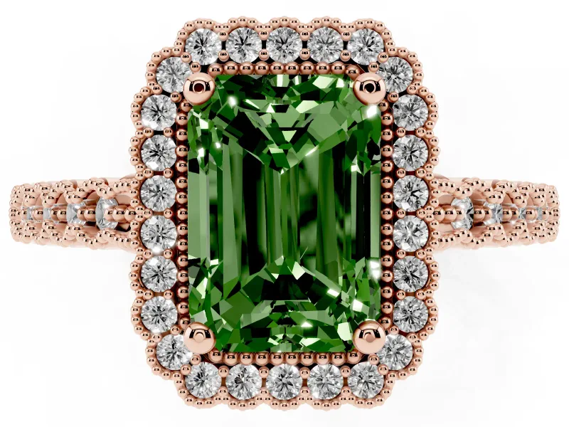 Radiant Cut Milgrain Halo Engagement Ring Setting for a Fancy Green Lab-Grown Diamond | Beaded Shoulders | Rose Gold