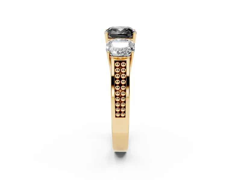 Fancy Black Cushion Cut Diamond Three-Stone Ring Set in Yellow gold with Textured Band
