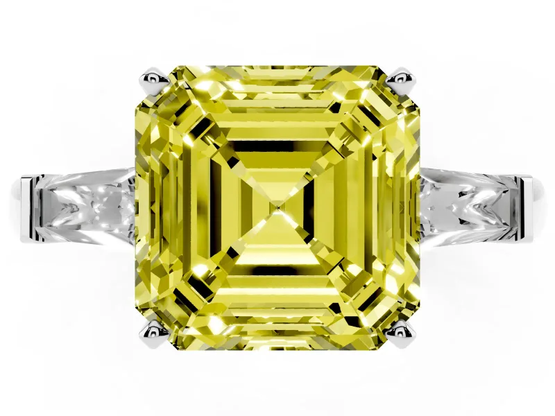Fancy Yellow Asscher Cut Diamond Solitaire Ring Set in Platinum with Tapered Baguette Side Stones and Prong Setting