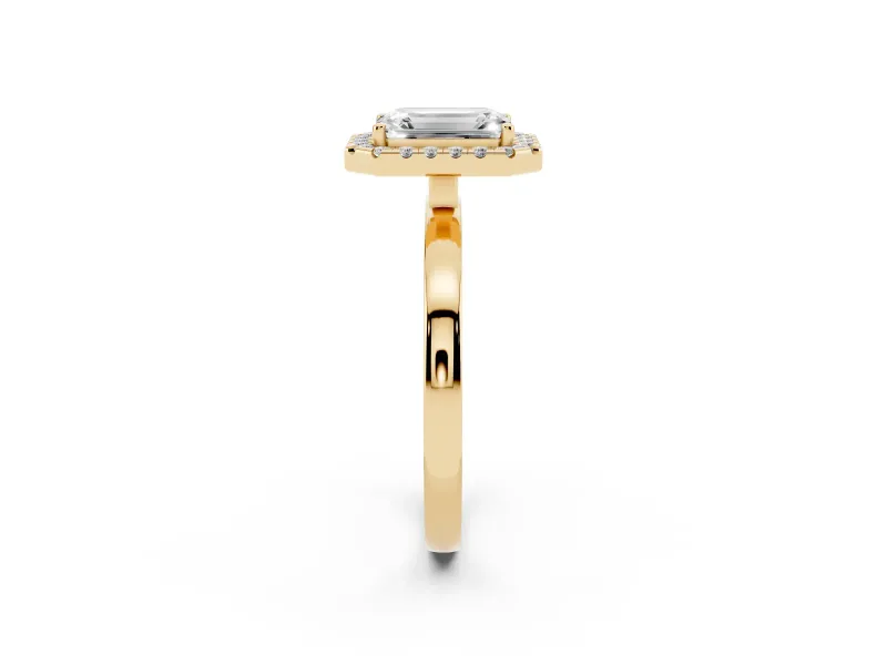Emerald Cut Diamond Halo Solitaire Ring Set in Yellow gold with Pavé Band and Prong Setting