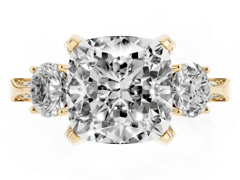 Cushion Cut Hidden Halo Three Stone Engagement Ring Setting | Pave Gallery | Yellow Gold