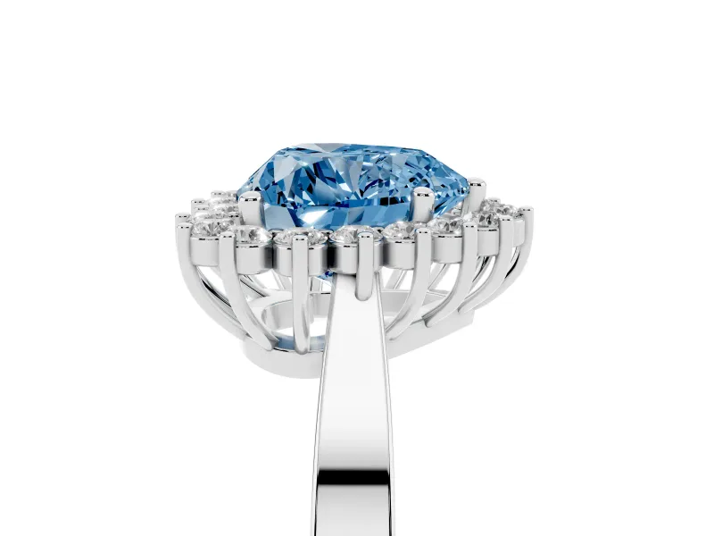 Fancy Blue Heart Cut Diamond Halo Ring Set in White gold with Round Halo and Smooth Solitaire Band