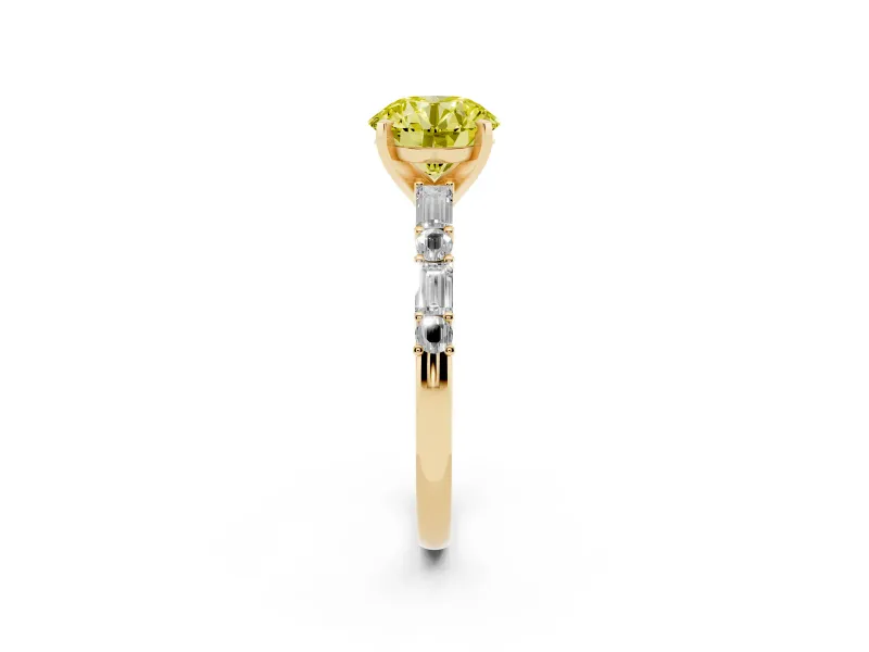Fancy Yellow Round Cut Diamond Solitaire Set in Yellow gold with Side Baguettes and Channel Set Band
