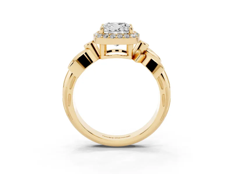 Cushion Cut Floral Halo Engagement Ring Setting | Leaf Shoulders | Yellow Gold