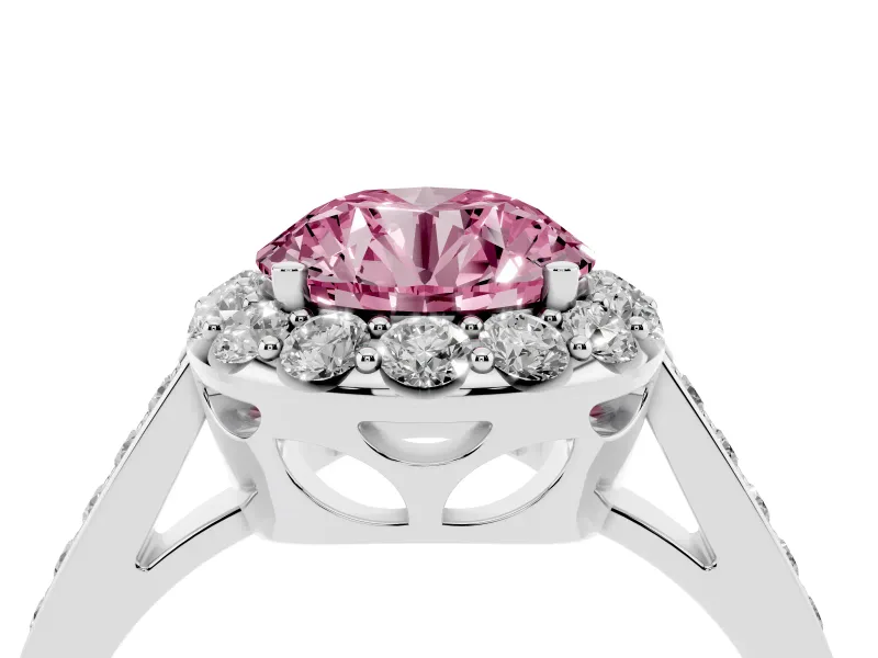 Fancy Pink Round Cut Diamond Floral Halo Ring Set in Silver with Pavé Band and Prong Setting