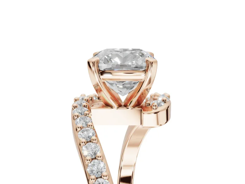 Cushion Cut Bypass Pavé Solitaire Engagement Ring Setting | Swirl Band | Rose Gold