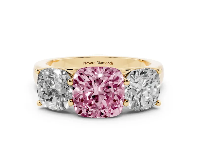 Fancy Pink Cushion Cut Diamond Three-Stone Ring Set in Yellow gold with Plain Polished Band