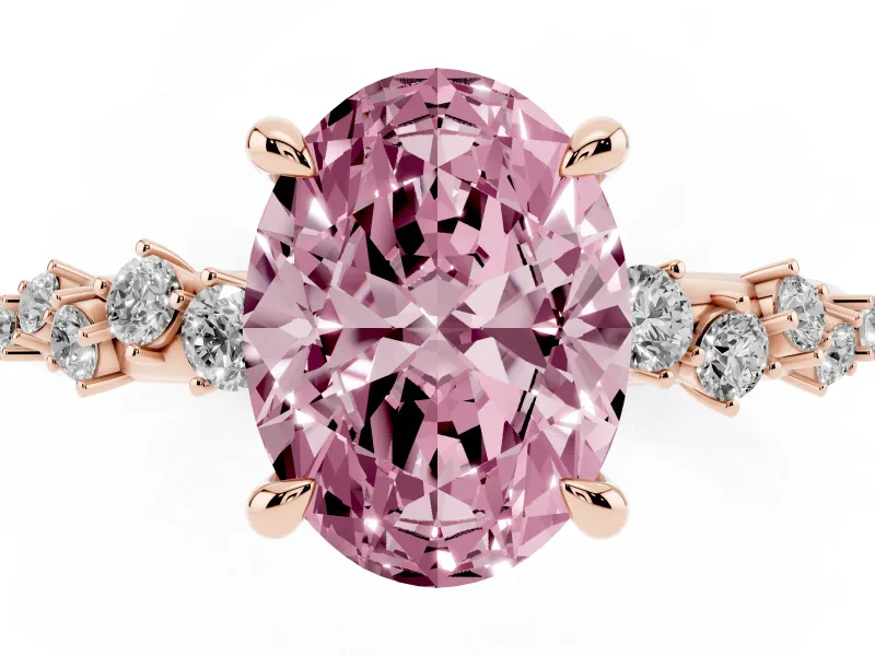 Fancy Pink Oval Cut Diamond Solitaire Vine Band Ring Set in Rose gold with Round Accents and Prong Setting