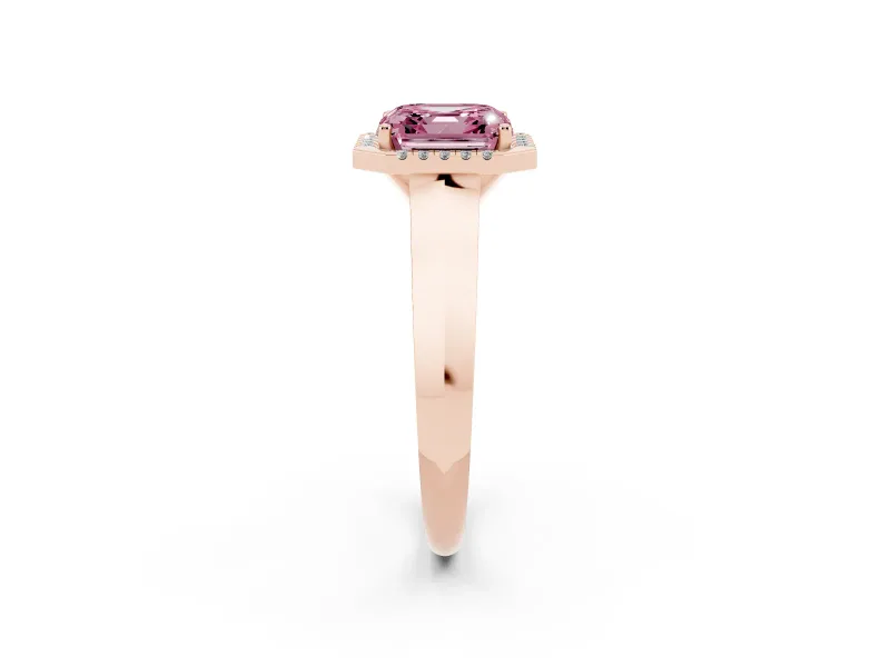 Fancy Pink Asscher Cut Diamond Halo Ring Set in Rose gold with Cathedral Band and Prong Setting