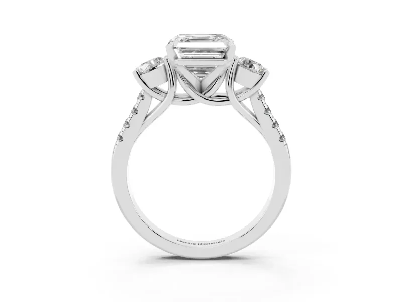 Asscher Cut Three-Stone Pavé Engagement Ring Setting | Round Side Stones | Sterling Silver