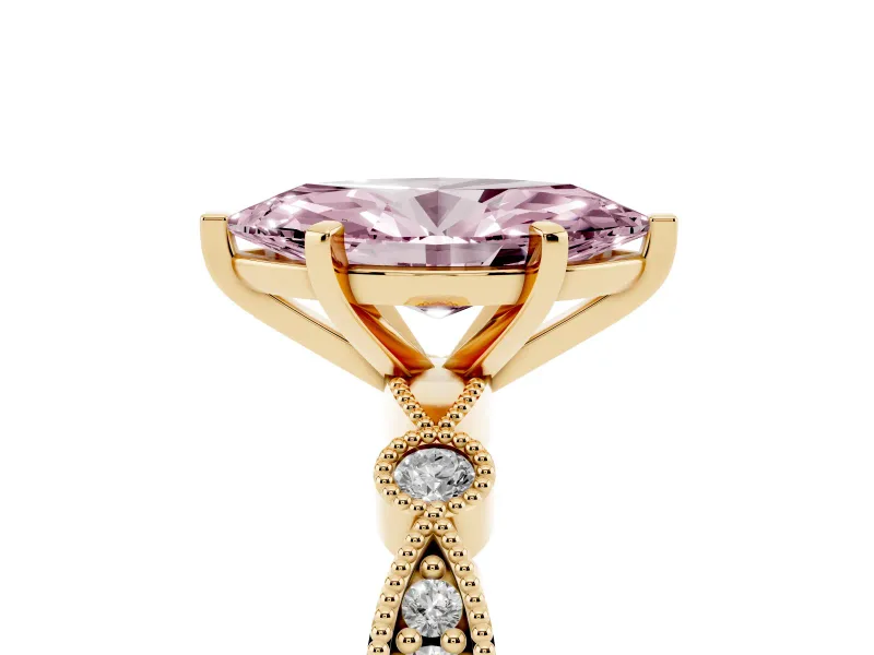 Fancy Pink Marquise Cut Diamond Solitaire Engagement Ring Set in Yellow gold with Milgrain Bezel Accent Band