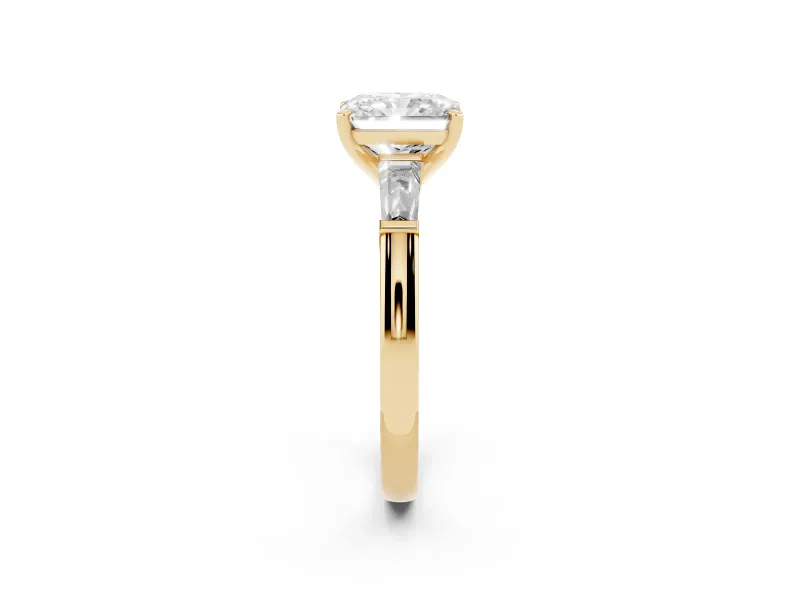 Radiant Cut Diamond Solitaire Ring Set in Yellow gold with Tapered Baguette Side Stones and Prong Setting