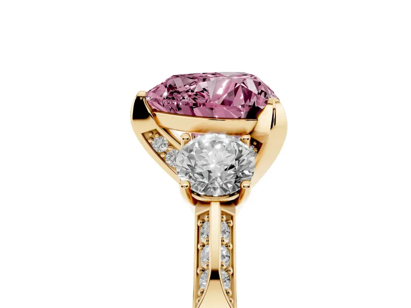 Heart-Shaped Hidden Halo Three Stone Engagement Ring Setting for a Fancy Pink Lab-Grown Diamond | Yellow Gold