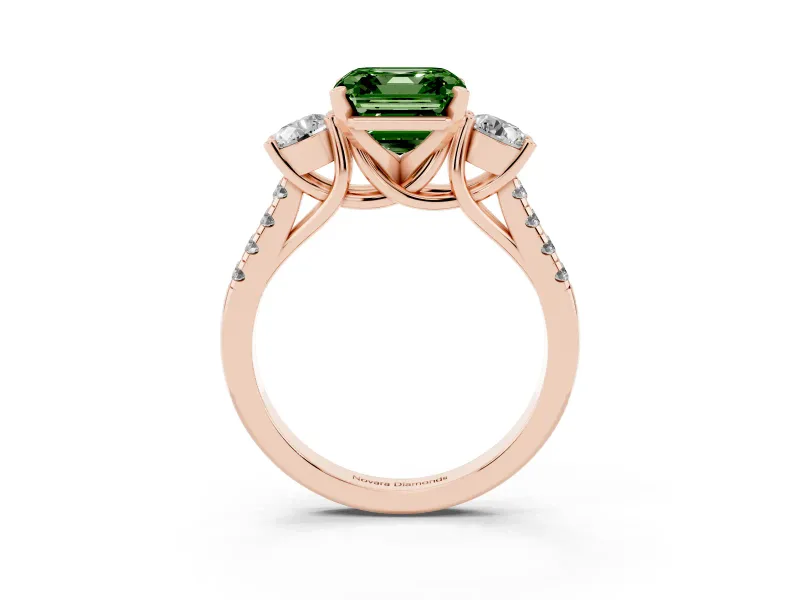 Fancy Green Three-Stone Asscher Cut Diamond Pavé Band Ring Set in Rose gold with Prong-Set Trio