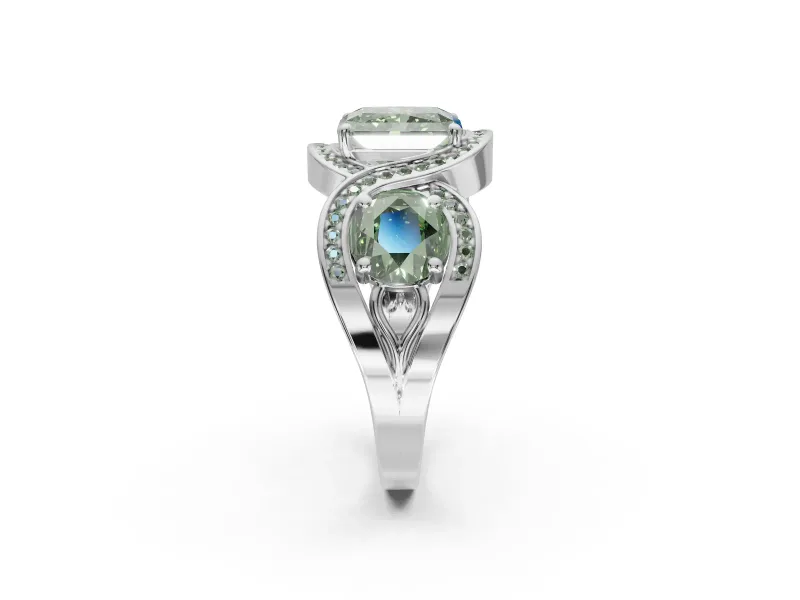 Radiant Cut Three Stone Halo Engagement Ring Setting for a Fancy Green Lab-Grown Diamond | Pavé Wave Band | White Gold