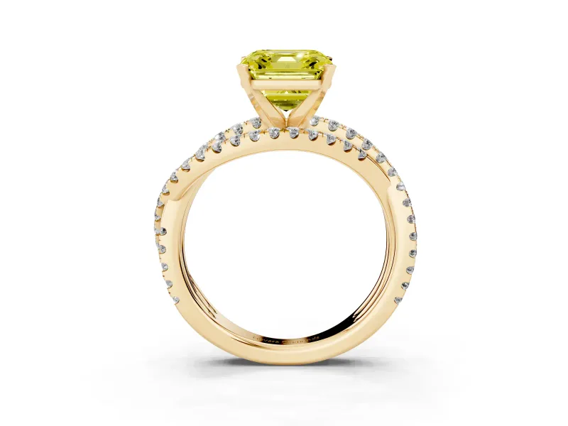 Fancy Yellow Asscher Cut Diamond Solitaire Twist Band Ring Set in Yellow gold with Pavé Setting and Prong Head