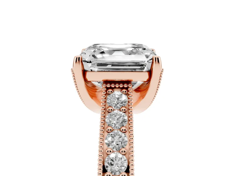 Asscher Cut Vintage Hidden Halo Engagement Ring Setting | Milgrain Pave Band | Rose Gold