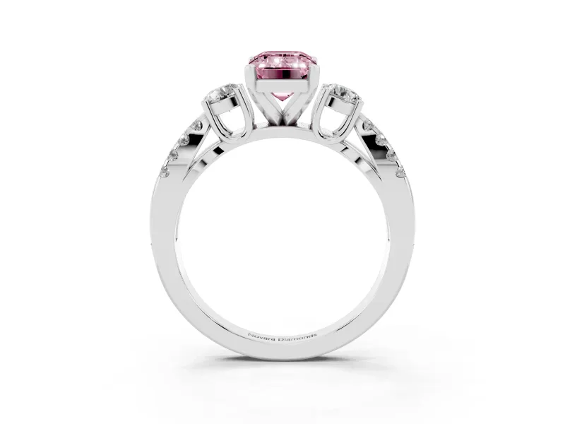 Fancy Pink Emerald Cut Diamond Three-Stone Ring Set in Platinum with Pavé Split Shank and Prong Setting