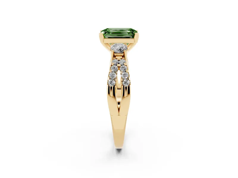 Fancy Green Emerald Cut Diamond Three-Stone Ring Set in Yellow gold with Pavé Split Shank and Prong Setting