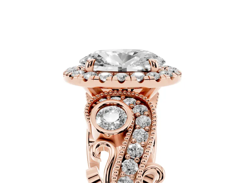 Oval Vintage Milgrain Halo Engagement Ring Setting | Bezel Shoulder Accents | Rose Gold