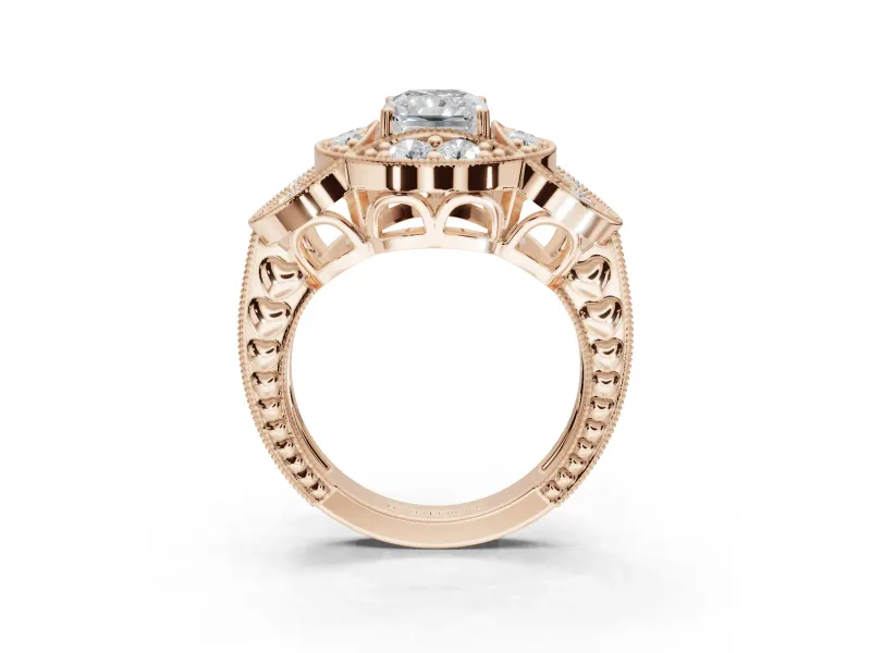 Radiant Cut Vintage Floral Halo Engagement Ring Setting | Engraved Milgrain Band | Rose Gold