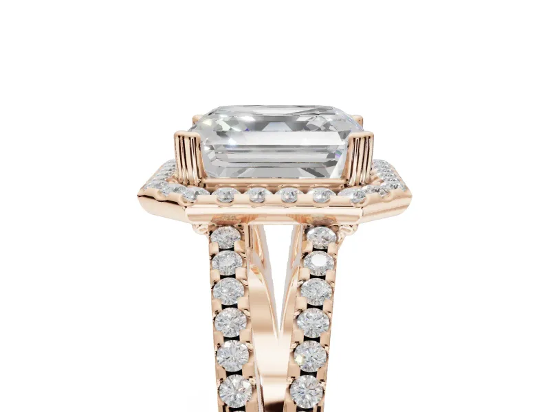 Asscher Cut Halo Split Shank Engagement Ring Setting | Pavé Shoulders | Rose Gold