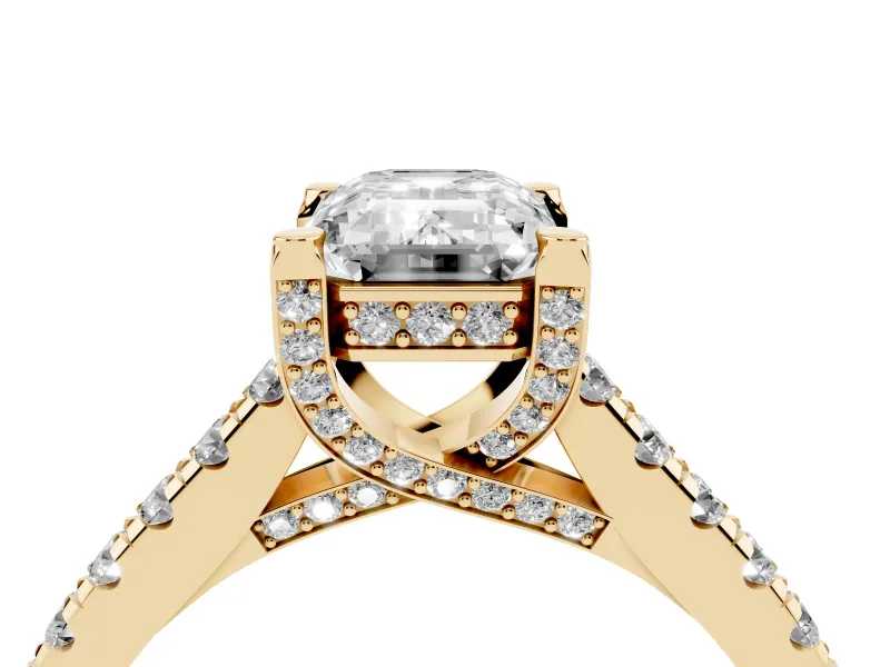Emerald Cut Hidden Halo Pave Engagement Ring Setting | Claw Prongs | Yellow Gold