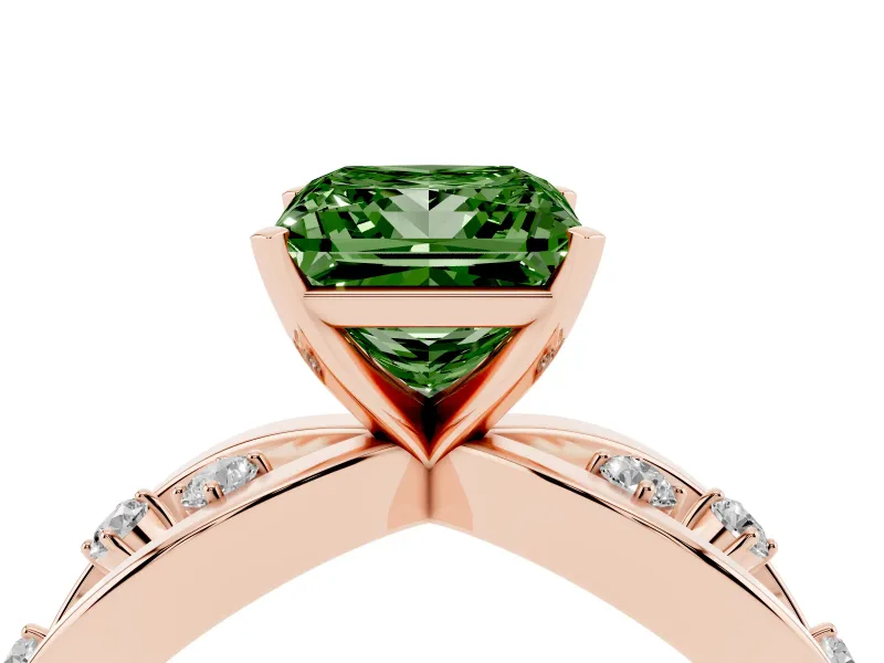 Fancy Green Princess Cut Diamond Solitaire Ring Set in Rose gold with Side Stones on Criss-Cross Band and Prong Setting