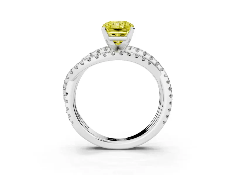 Fancy Yellow Radiant Cut Diamond Solitaire Twist Band Ring Set in White gold with Pavé Setting and Prong Head