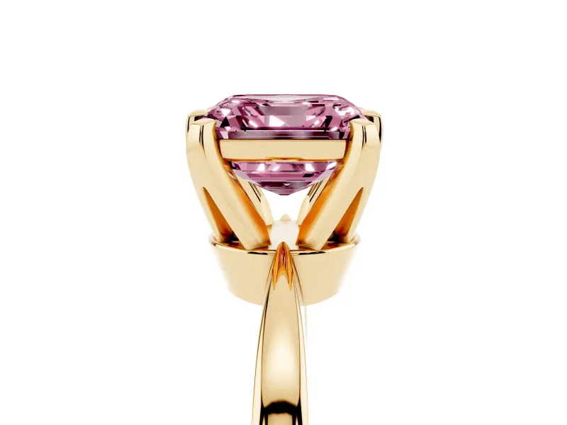 Fancy Pink Asscher Cut Diamond Solitaire Engagement Ring Set in Yellow gold with Slim Tapered Solitaire Band
