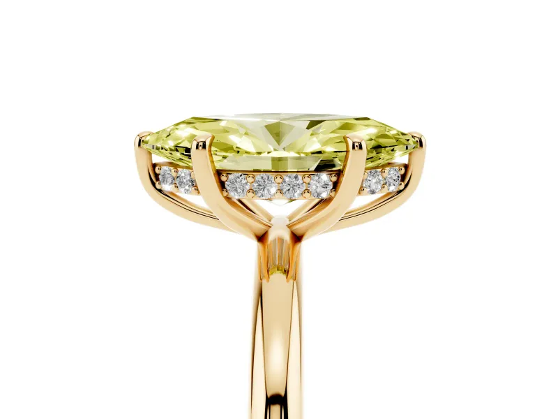 Fancy Yellow Marquise Cut Diamond Solitaire Ring Set in Yellow gold with Thin Band and Prong Setting